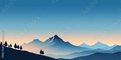Dreamlike blue-orange gradient sky above layered hill silhouettes, balanced with smooth composition and natural lighting.