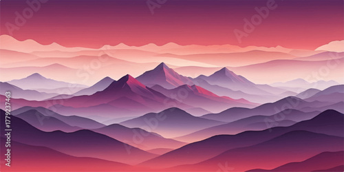 Soft gradient mountain valley with layered red and violet silhouettes under a hazy red and orange sky. Gentle light reflects over distant ridges creating depth and calm serenity.