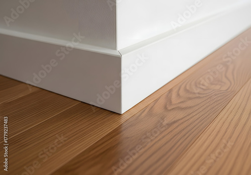 Clean white baseboard corner on natural wood floor