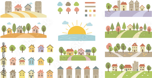 Colorful suburban landscape illustration with sunrise, houses, trees, and fields, cute flat design city and village scenery collection