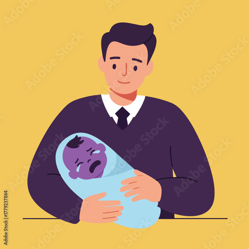 An illustrated depiction of a smiling man holding a swaddled crying baby, on a yellow background