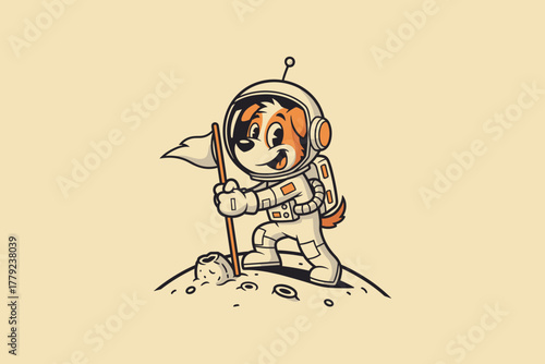 Cute Cartoon Dog Astronaut Planting Flag on Moon Surface.