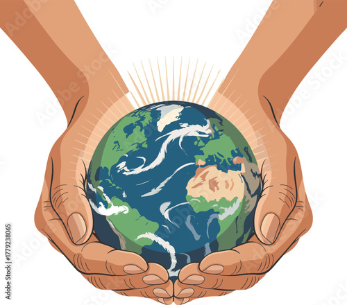 Hands holding planet earth illustration, save environment, protect world, eco friendly care, sustainability concept, global warming prevention design