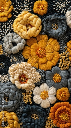 A vibrant embroidery piece featuring intricate floral designs in shades of yellow, gray, and cream.