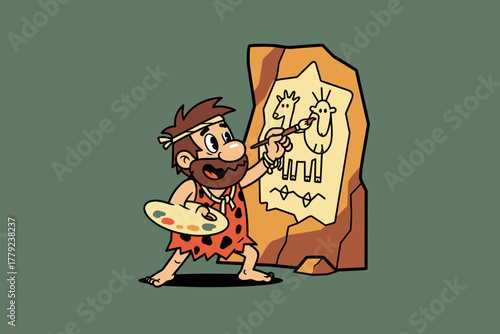 Cartoon Caveman Painting Prehistoric Cave Art on a Rock Slab.