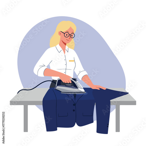 A woman in a white blouse irons a blue suit on a gray ironing board. Background features a soft oval