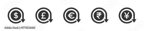 Cost reduction icons. Euro, Dollars, Pound, Yen and Rupee price decrease icon. Value of money decrease signs