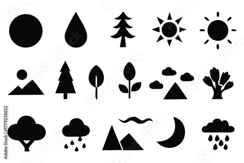 Essential nature and weather icons set for environment design