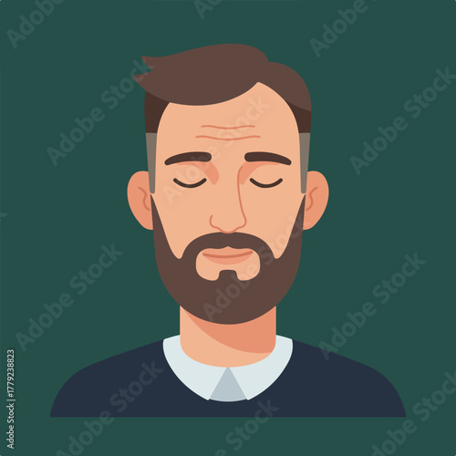 Simplified, stylized portrait of a man with eyes closed, beard, and dark hair on a teal background