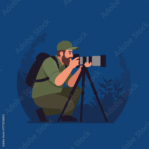 A bearded photographer kneels behind a tripod-mounted camera in a forest setting, capturing a nature scene