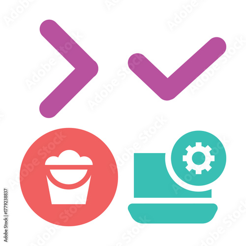 Four distinct, colorful icons representing various actions and concepts, including navigation, completion, cleaning, and settings, on a white background.