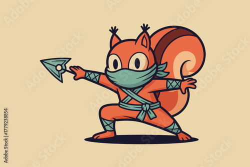 Cute Cartoon Squirrel Ninja Warrior with Shuriken Weapon.