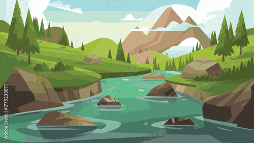 Picturesque mountain river scene with rocks and evergreen trees landscape