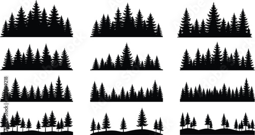 Pine tree silhouette collection, evergreen forest shapes, conifer landscape set, vector pine woods, nature design elements, black forest clipart, woodland outline art illustration