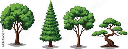 Realistic green trees illustration, nature forest collection, pine and deciduous tree design, natural landscape vector art for environment, garden, eco project, and outdoor concept