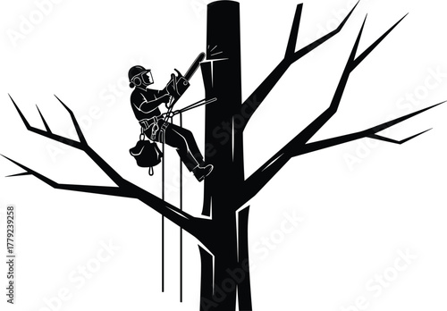 Professional tree cutter with chainsaw working safely on high branches, arborist performing tree trimming and maintenance, forest worker silhouette illustration for safety and industry concept
