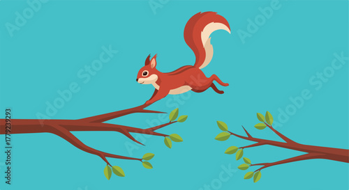Squirrel leaps from one branch to another, against a turquoise background