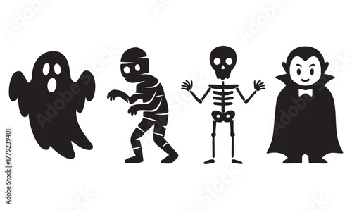 Halloween Silhouette Characters – Ghost, Mummy, Skeleton, Vampire in Cartoon Style