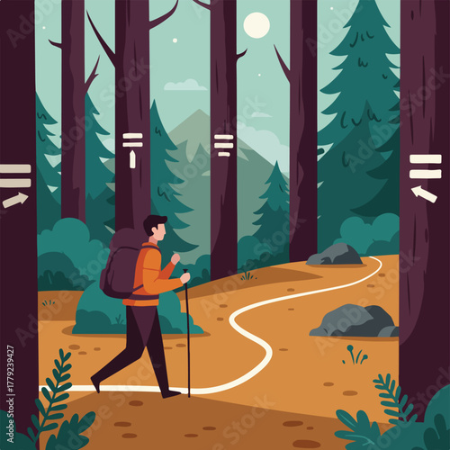 An illustrated hiker with backpack and walking stick walks on a path through a forest. Directions are marked