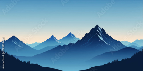 Calm mountain valley under pale blue sky, smooth tone transition and natural light forming modern aesthetic mood.