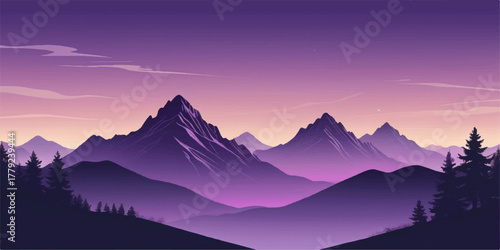 Purple and teal mountain illustration under a glowing dawn, representing hope and serenity. orange sky sunset color vector backgrounds.