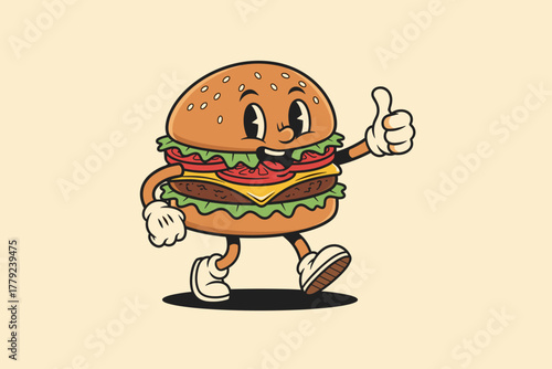 Retro Cartoon Hamburger Character Giving Thumbs Up.