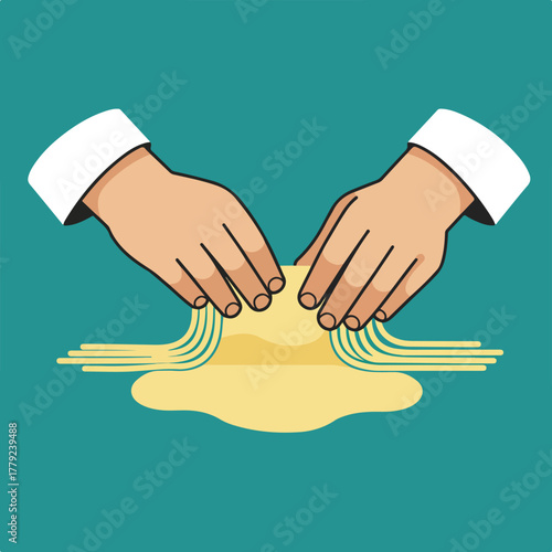 Illustration of hands with white cuffs working on pasta, possibly in a kitchen, against a teal background