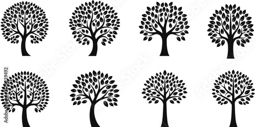 Set of decorative tree silhouettes with round leaves, vector nature design elements, eco concept illustration, environment symbol, organic growth, minimal black art collection