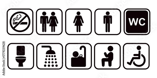 Restroom and facility symbol set with male, female, shower, wheelchair, and toilet icons, black and white vector for signage and public information design