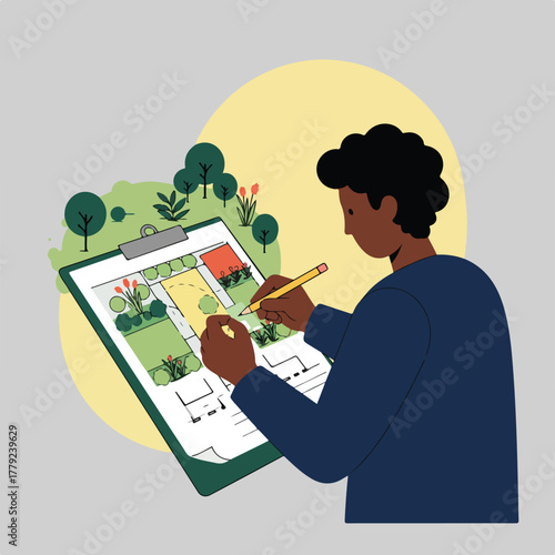 An individual, with a pencil, works on a landscape design sketch on a clipboard, surrounded by a garden concept