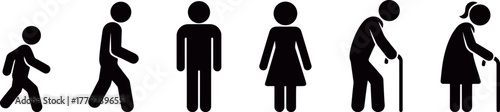 Stickman silhouettes showing human growth stages from child to adult to elderly, black vector set for life progress and evolution concept illustration