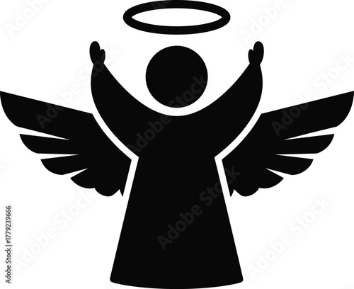 Silhouette of angel with halo and wings, spiritual religious symbol, minimalist black design, heavenly guardian illustration, Christmas decoration vector art graphic icon