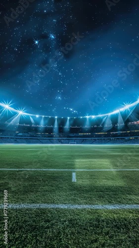 A soccer field with a large stadium in the background, perfect for sports or architectural ry