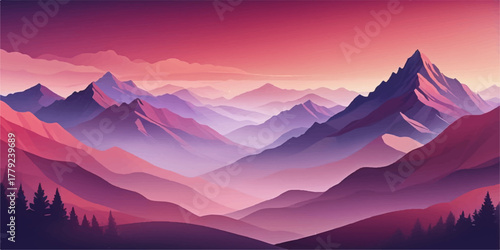 Red - Violet landscape with layered hills, artistic design for background or wallpaper use.