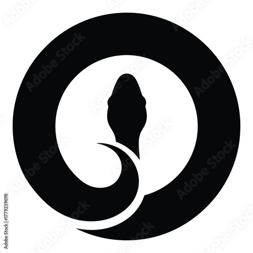Sleek snake symbol design with circle, perfect for branding, modern logos, and edgy apparel. Bold black and white for maximum impact and versatile use