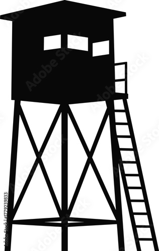 Silhouette of wooden watch tower with ladder, isolated observation platform structure, military guard post, forest ranger lookout, vector illustration for security and surveillance design
