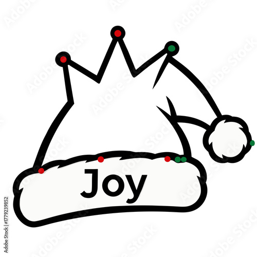 An artistic rendering of a festive holiday hat, complete with the word 'Joy' and seasonal embellishments.