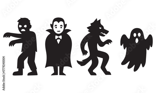 Halloween Silhouette Set – Zombie, Vampire, Werewolf, Ghost Cartoon Icons in Black