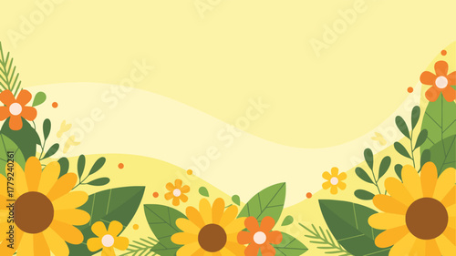 Floral background with sunflowers and leaves on a yellow backdrop design