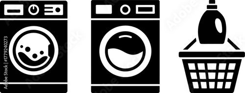 Icons depicting laundry appliances and detergent for household chores.