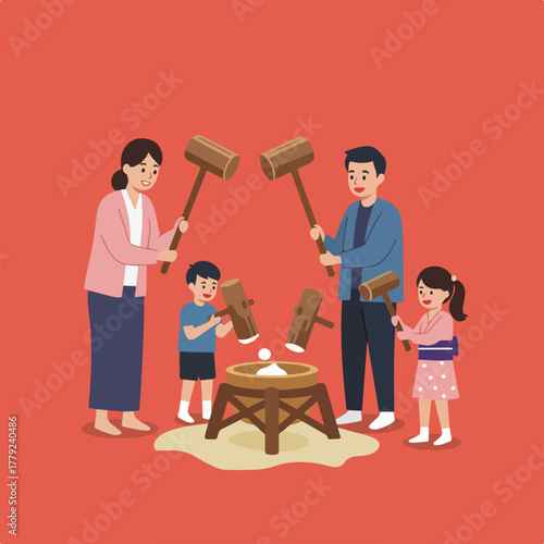 A family uses wooden mallets to pound mochi into shape. They stand around a wooden mortar with pounded rice