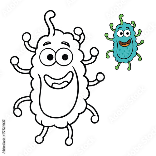 Fun germ coloring page with cute and spooky microbes! Swirling, smiling bacteria and virus characters invite creativity while learning about tiny worlds in a playful, imaginative wa
