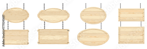 A rustic blank wooden signboard hanging from metal brackets, detailed wood grain, vector design.