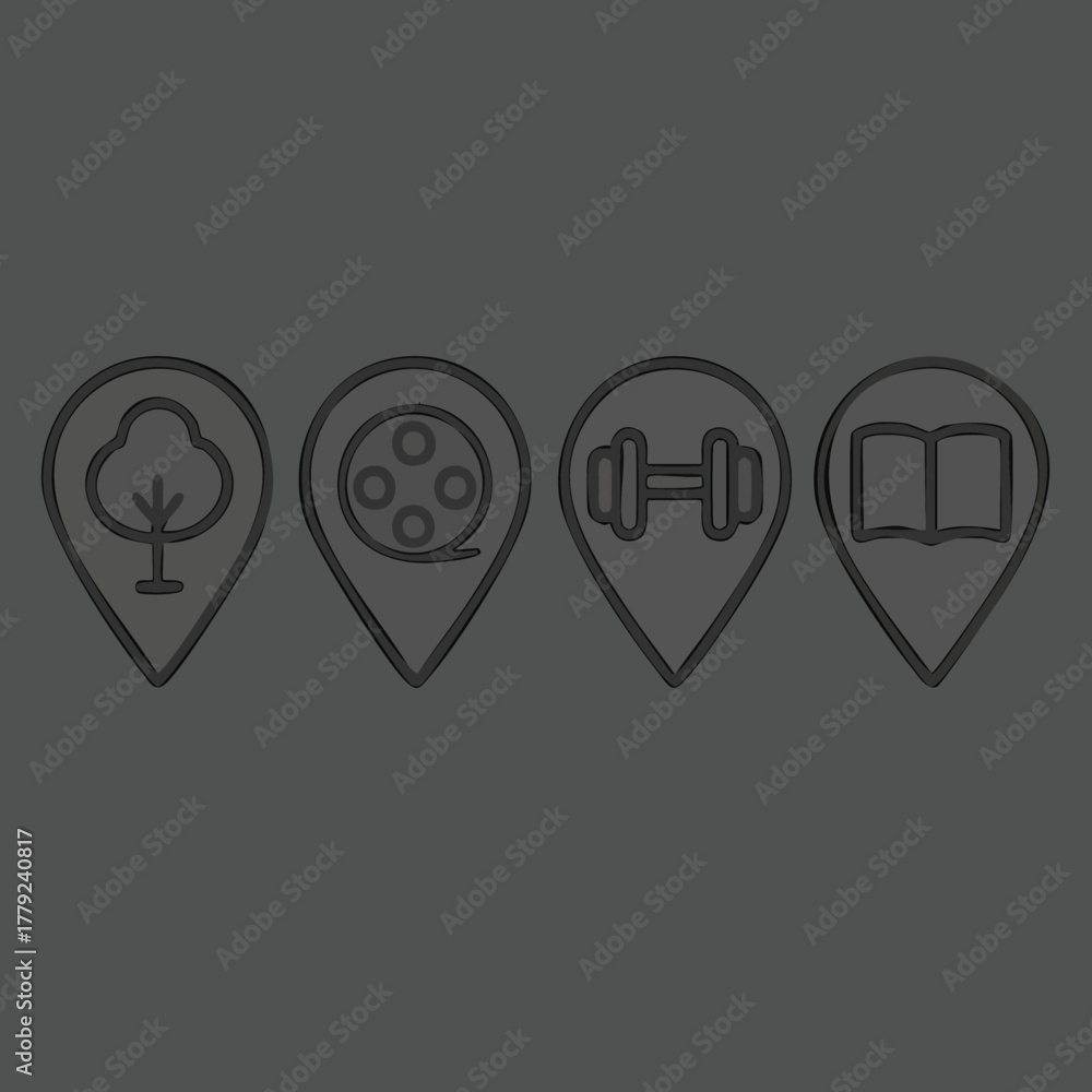 Fototapeta premium Set of four minimalist line art icons depicting diverse location types each enclosed within a distinct map pin shape for easy identification