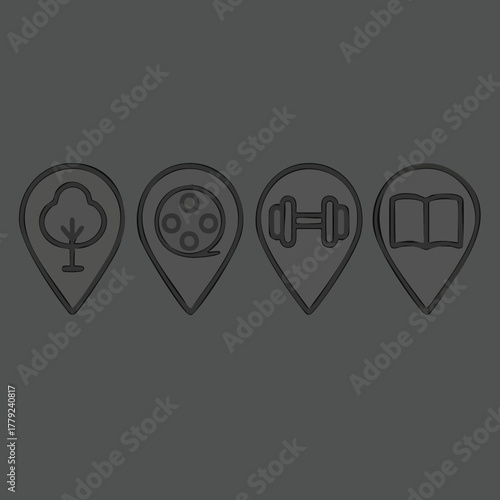 Set of four minimalist line art icons depicting diverse location types each enclosed within a distinct map pin shape for easy identification