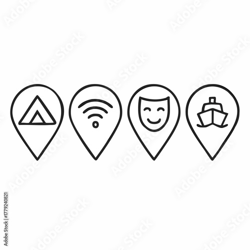 Set of four clean line art icons featuring stylized map pins each representing a distinct location type or landmark for navigation and travel themes