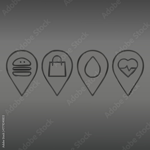 Set of four minimalist line art firefly icons presented within map pin shapes each icon signifying a distinct specialized or niche location concept