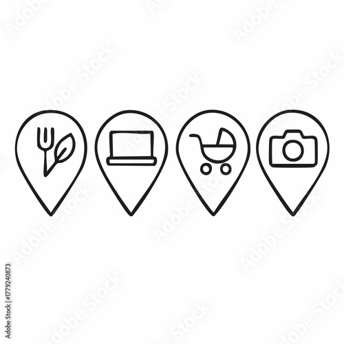 Set of four minimalist line art icons each enclosed within a map pin symbolizing distinct services or points of interest