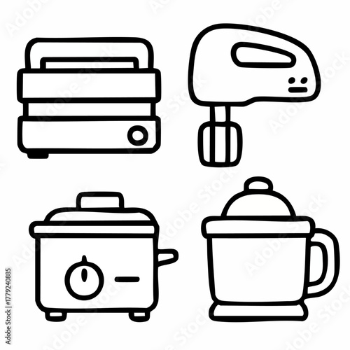 Minimal line art icons set featuring four distinct additional home appliances presented centrally for versatile application in digital design projects