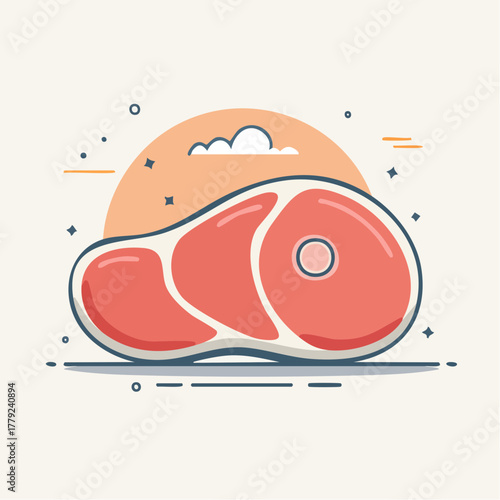 Raw Steak With Bone And Marbling Fat Against A Pale Orange Sunset Sky With Clouds And Stars And A Light Beige Background Minimalist Style
